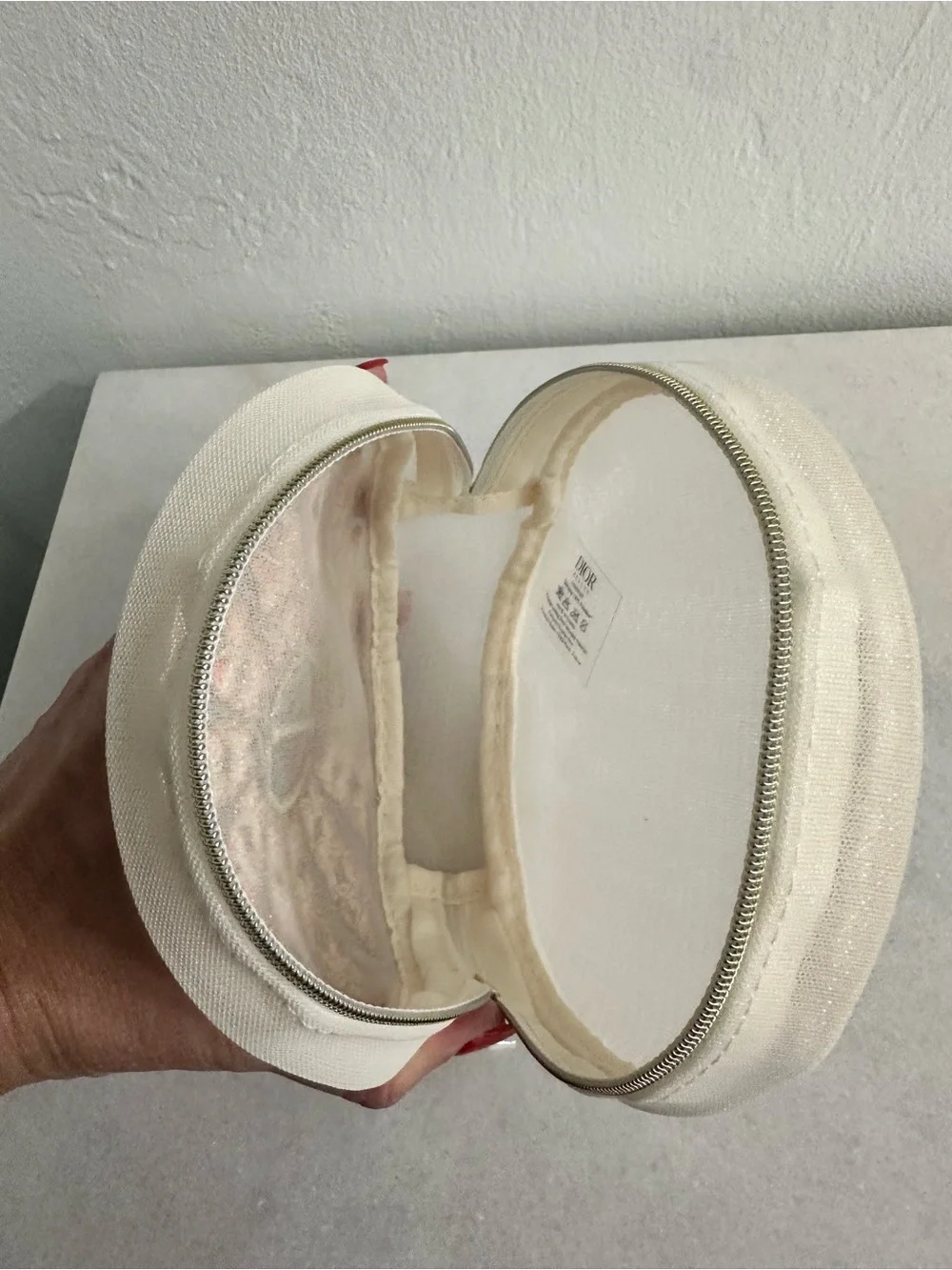 Dior Cream Round Cosmetic Case with Pink & Gold Butterfly Embroidery